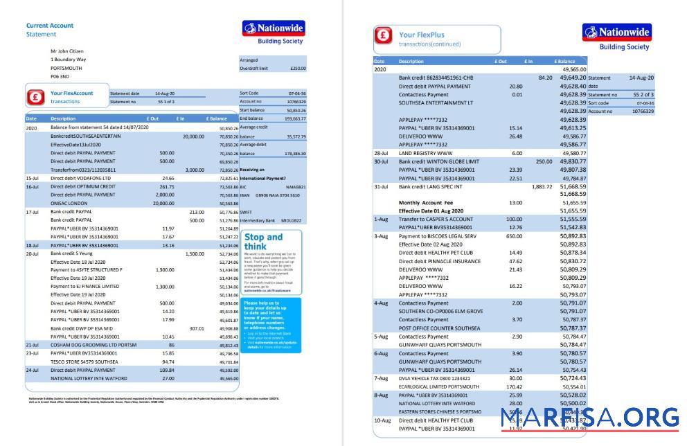 Великобритания Nationwide Банковский Выписка из банка Excel (5 pages) образец