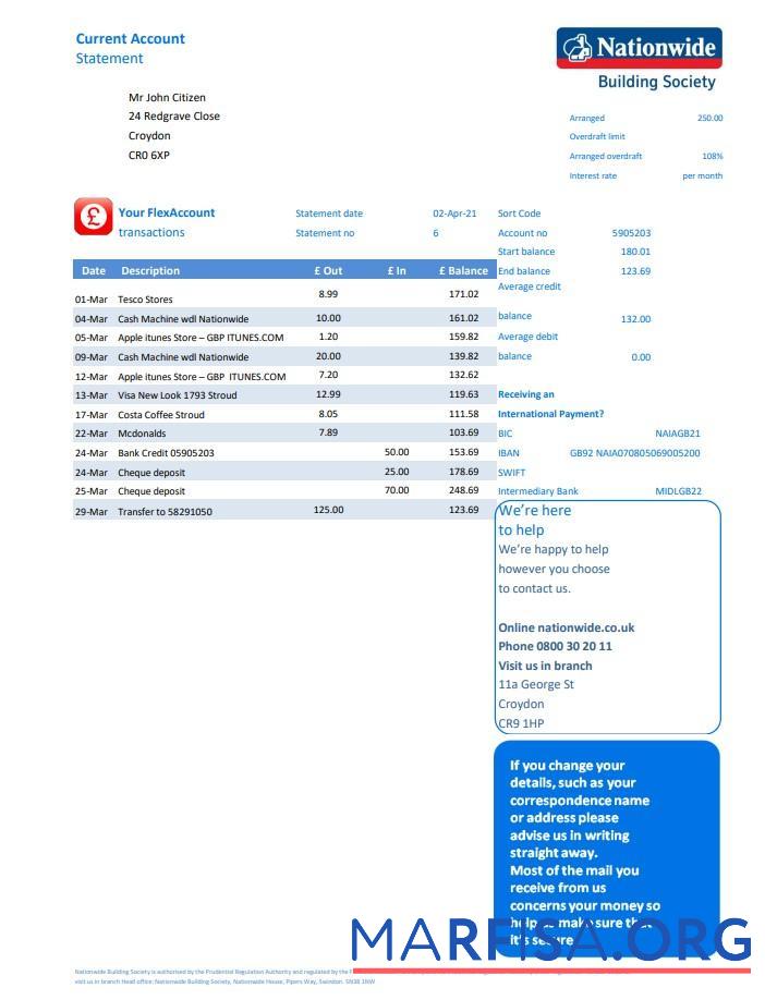 Великобритания Nationwide Банковский Выписка из банка Excel образец