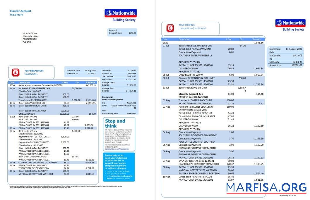 Великобритания Nationwide Банковский Выписка из банка Word (5 pages) образец
