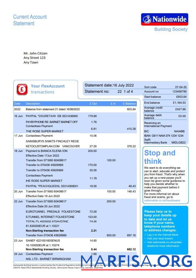 Великобритания Nationwide Банковский Выписка из банка Word 5 pages, Версия 2 шаблон