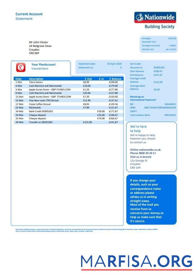 Великобритания Nationwide Банковский Выписка из банка Word макет