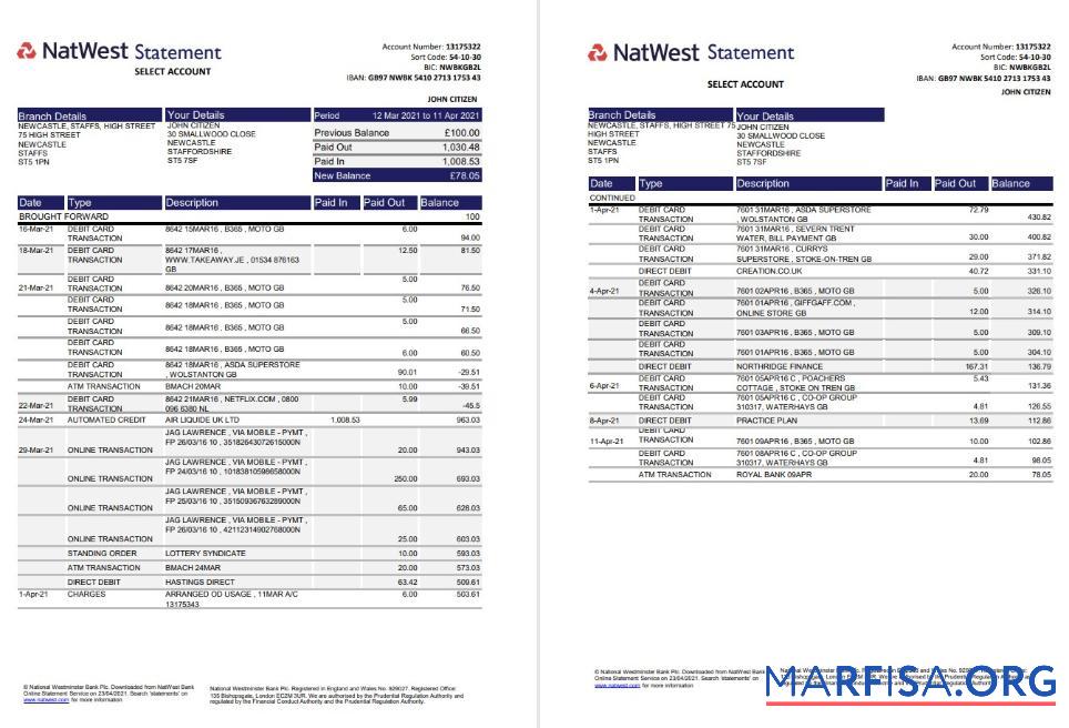 Великобритания Natwest Банковский Выписка из банка Excel (2 pages) макет