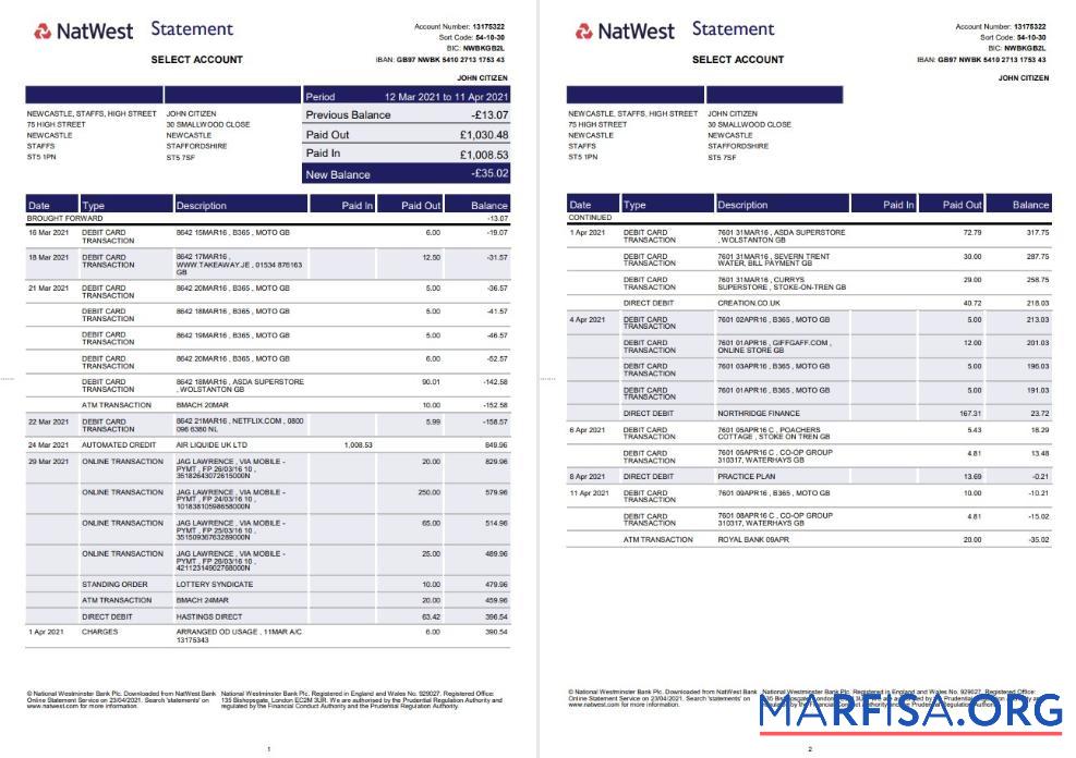 Великобритания Natwest Банковский Выписка из банка Word (2 pages) дизайн
