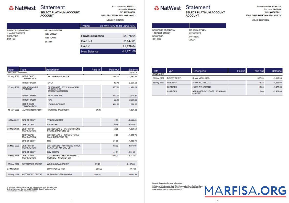 Великобритания Natwest Банковский Выписка из банка Word 2 pages, Версия 2 макет