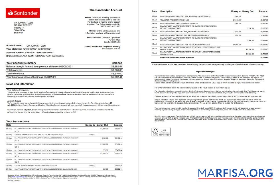 Великобритания Santander Банковский Выписка из банка Excel (2 pages) дизайн