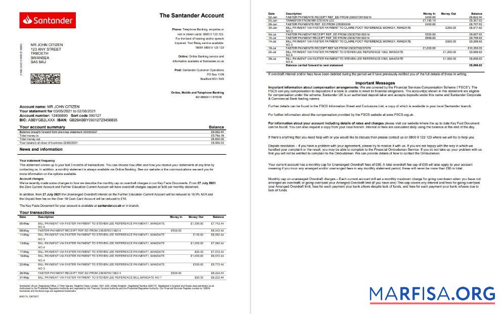 Великобритания Santander Банковский Выписка из банка Word (2 pages) макет