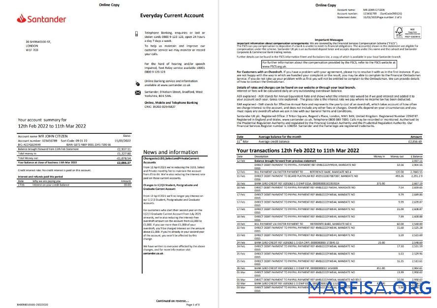 Великобритания Santander Банковский Выписка из банка Word 3 pages, Версия 2 образец
