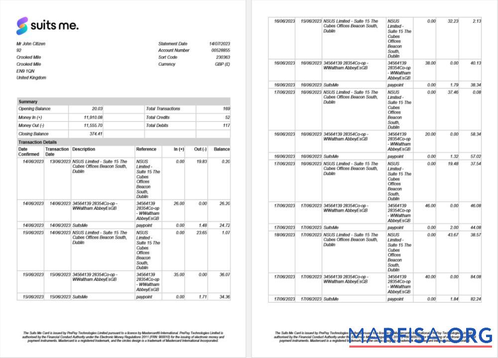 Великобритания Suits Me Банковский Выписка из банка Word 2 pages предпросмотр