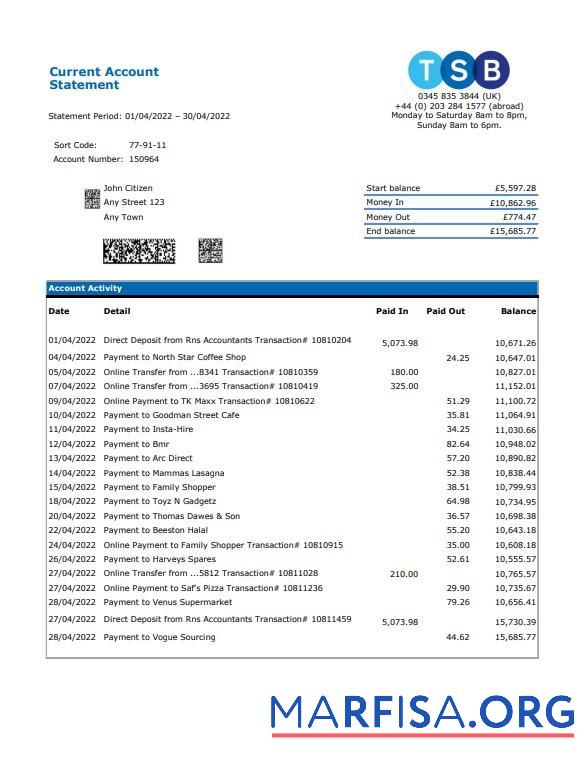 Великобритания TSB Банковский Выписка из банка Excel шаблон
