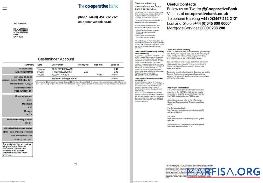 Великобритания The Cooperative Банковский Выписка из банка Word 2 pages макет