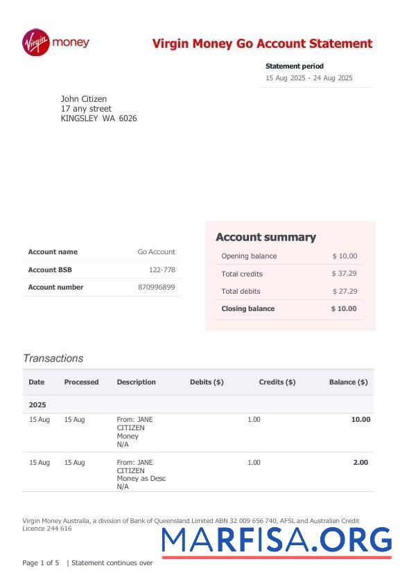 Великобритания Virgin Money Go Аккаунт Банковский Выписка из банка Word макет