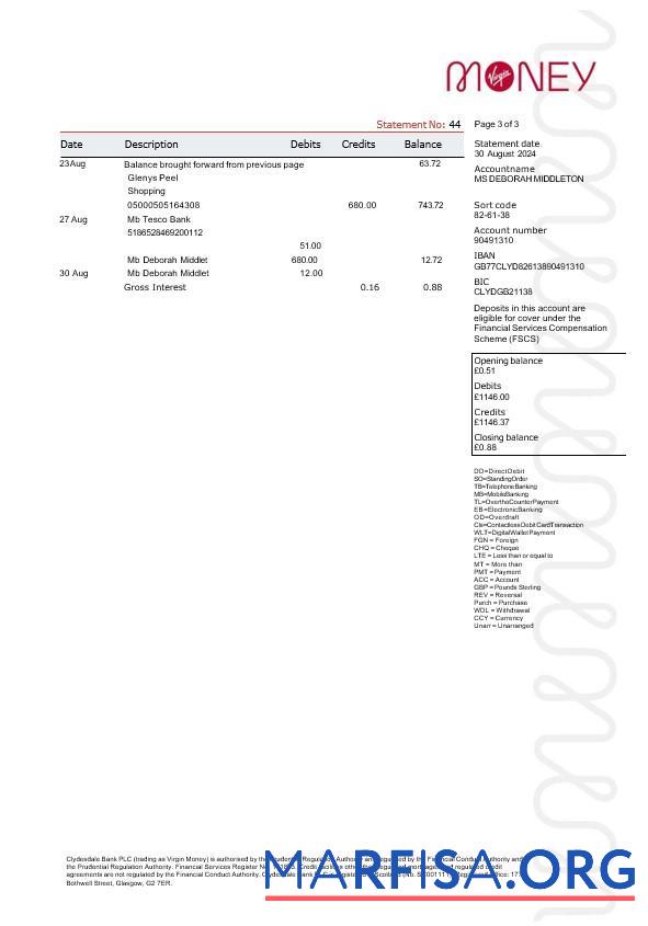 Великобритания Virgin Money Банковский Выписка из банка Word 3 pages 2 шаблон