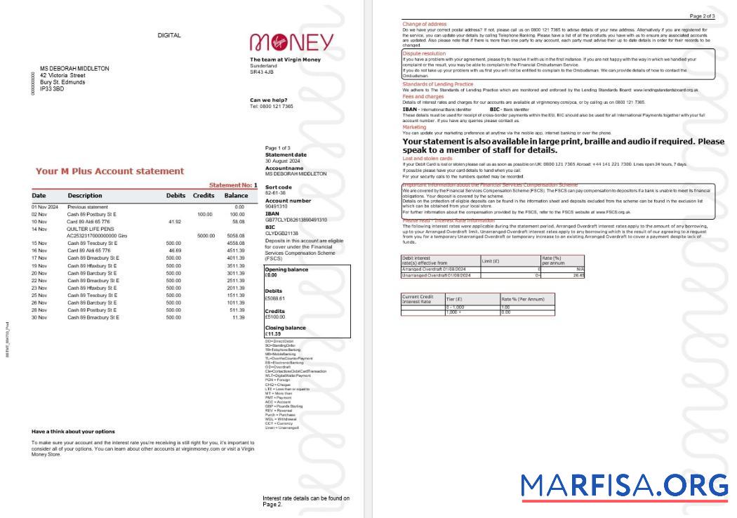 Великобритания Virgin Money Банковский Выписка из банка Word 3 pages предпросмотр