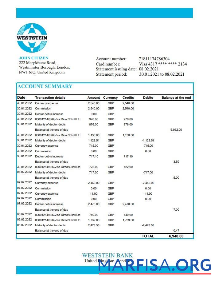 Великобритания Weststein Банковский Выписка из банка Excel макет