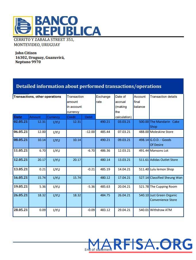 Уругвай Banco de la Repu╠üblica Oriental del Уругвай Банковский Выписка из банка Excel дизайн