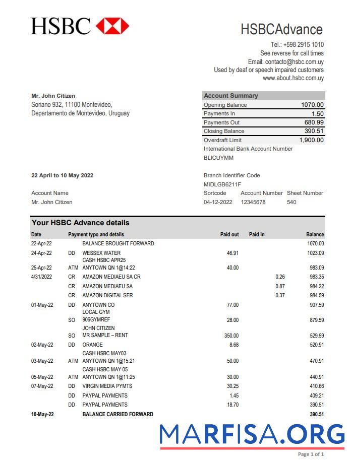 Уругвай HSBC Банковский Выписка из банка Excel образец