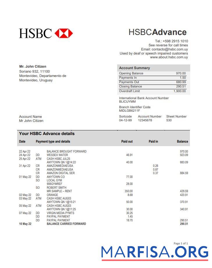 Уругвай HSBC Банковский Выписка из банка Word макет