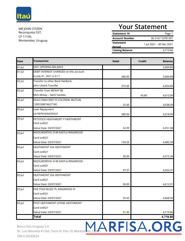 Уругвай Itau Банковский Выписка из банка Excel шаблон