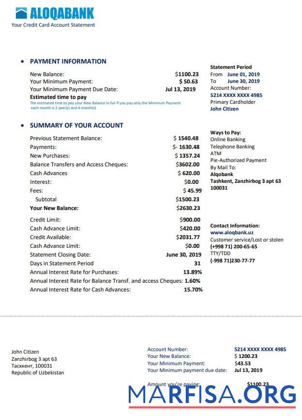 Узбекистан Aloqabank proof of address Выписка из банка Word образец