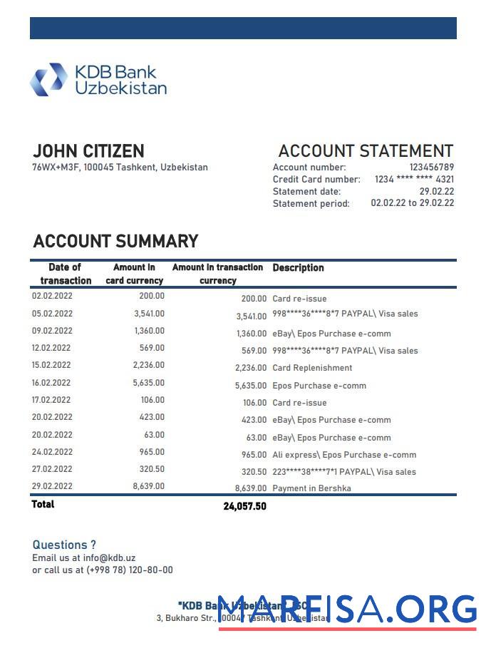 Узбекистан KDB Банковский Выписка из банка Excel образец