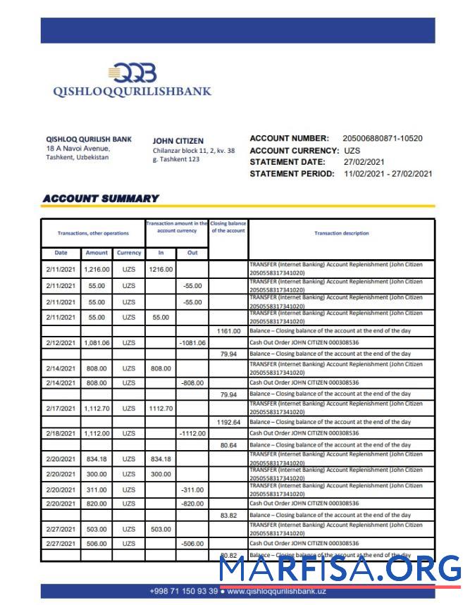Узбекистан Qishloq Qurilish Банковский Выписка из банка Excel предпросмотр