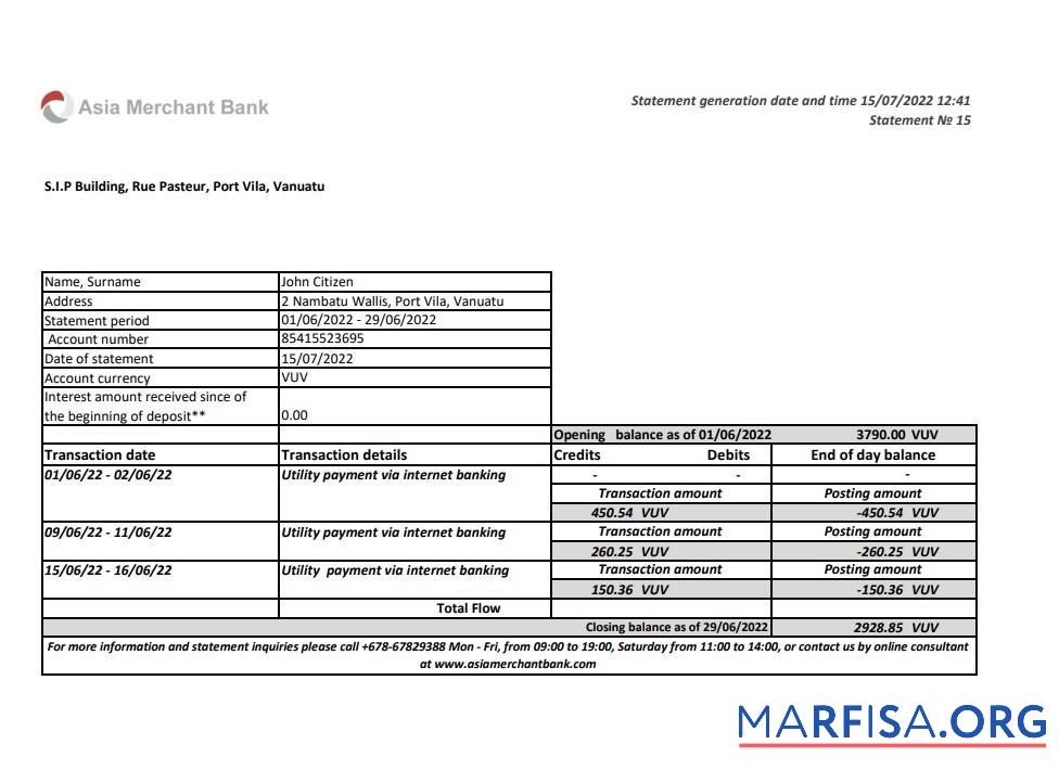 Вануату Asia Merchant Банковский Выписка из банка Excel шаблон