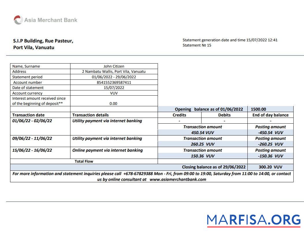 Вануату Asia Merchant Банковский Выписка из банка Word дизайн
