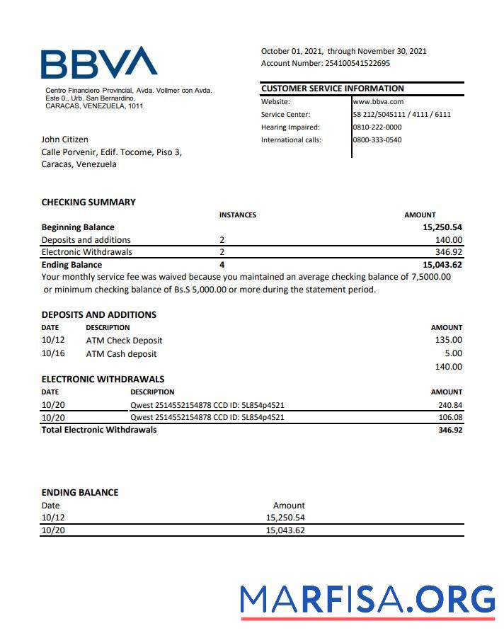 Венесуэла BBVA Банковский Выписка из банка Excel предпросмотр