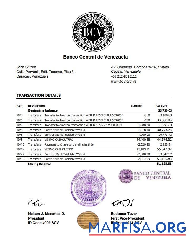 Венесуэла Banco Central de Венесуэла Банковский Выписка из банка Excel макет