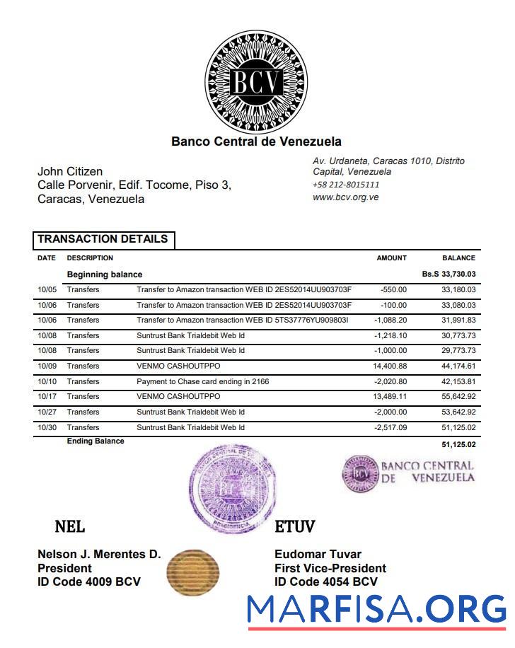Венесуэла Banco Central de Венесуэла Банковский Выписка из банка Word дизайн