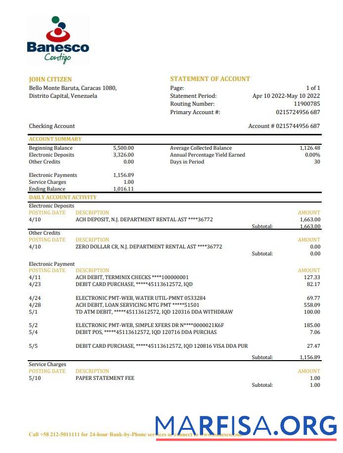Венесуэла Banesco Банковский Выписка из банка Excel шаблон