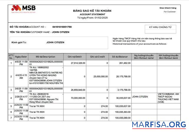 Вьетнам MSB Банковский Аккаунт Выписка из банка┬áWord шаблон