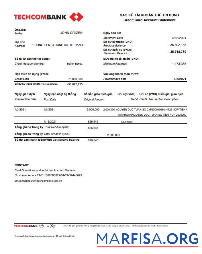 Вьетнам Techcombank Банковский Выписка из банка Excel дизайн