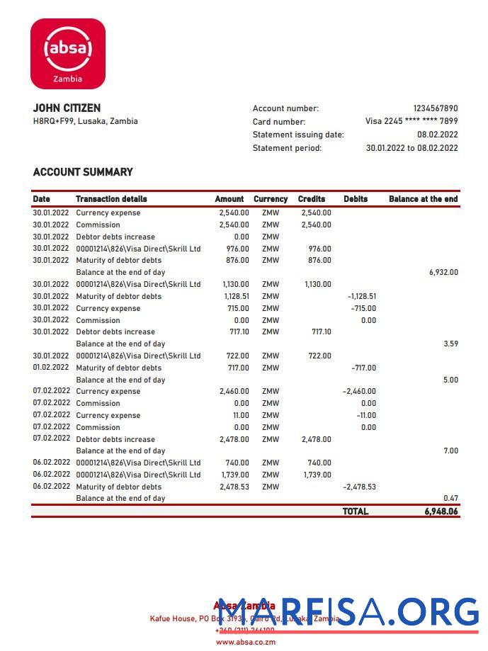 Замбия Absa Банковский Выписка из банка Excel шаблон