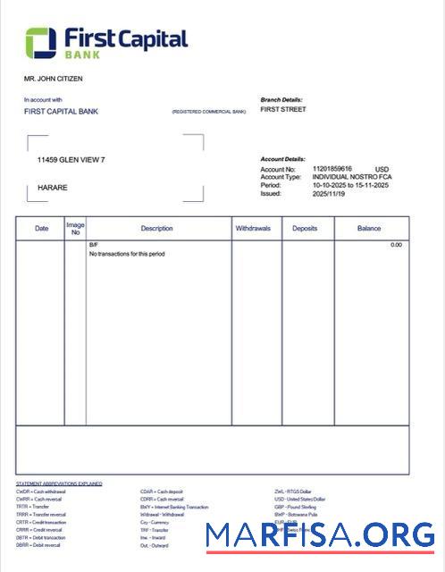 Замбия First Capital Банковский Аккаунт Выписка из банка Word макет
