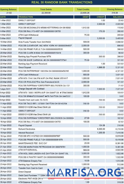 Настоящий 30 random Банковский transactions Excel макет