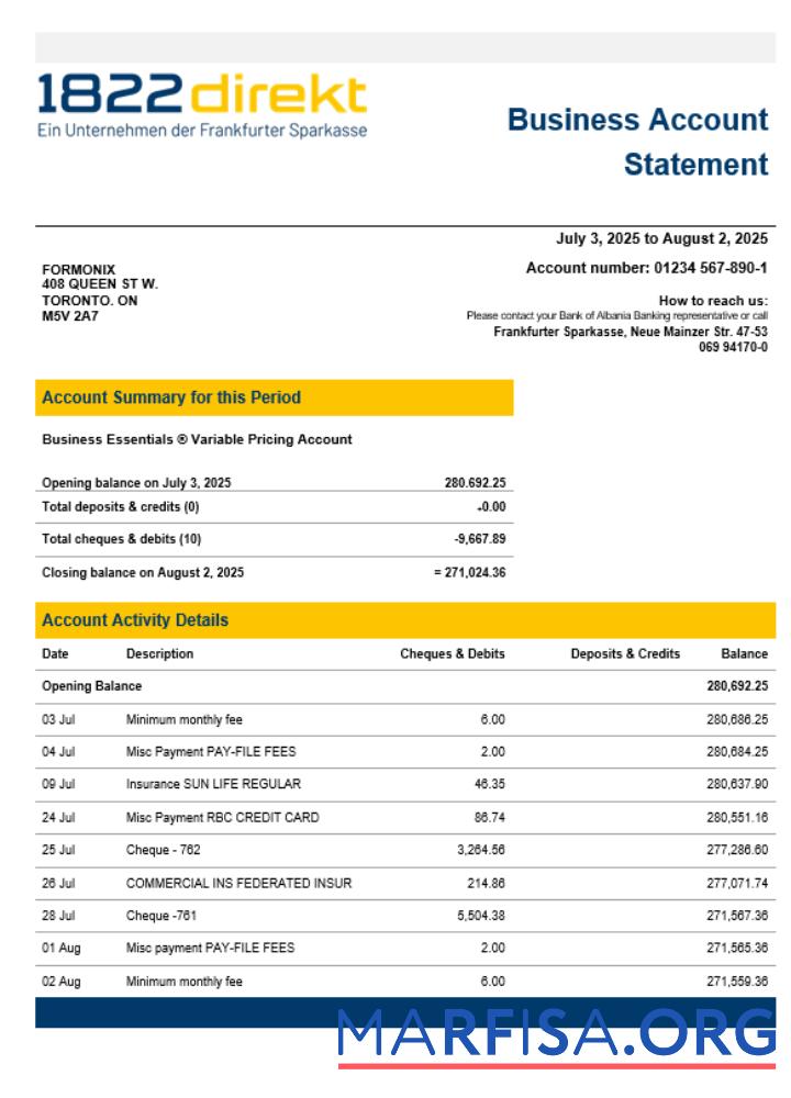 Realistisch 1822direkt Bank enterprise Konto Kontoauszug Word and PDF Vorlage
