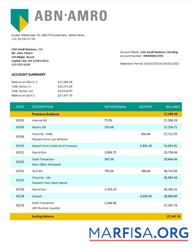 Realistisch ABN Amro Bank Unternehmen checking Konto Kontoauszug Word and PDF Vorlage
