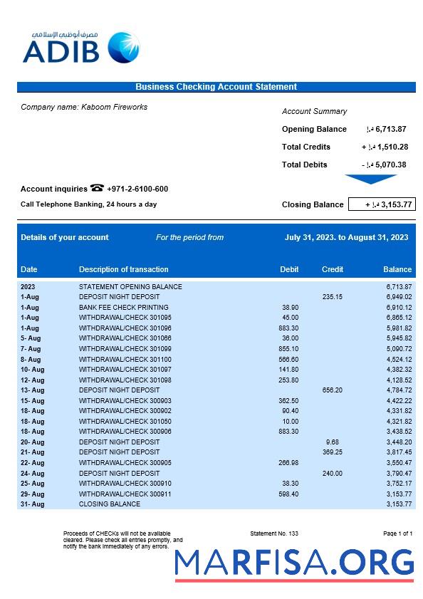 Professionell Abu Dhabi Islamic Bank Unternehmen checking Konto Kontoauszug Word and PDF Vorlage