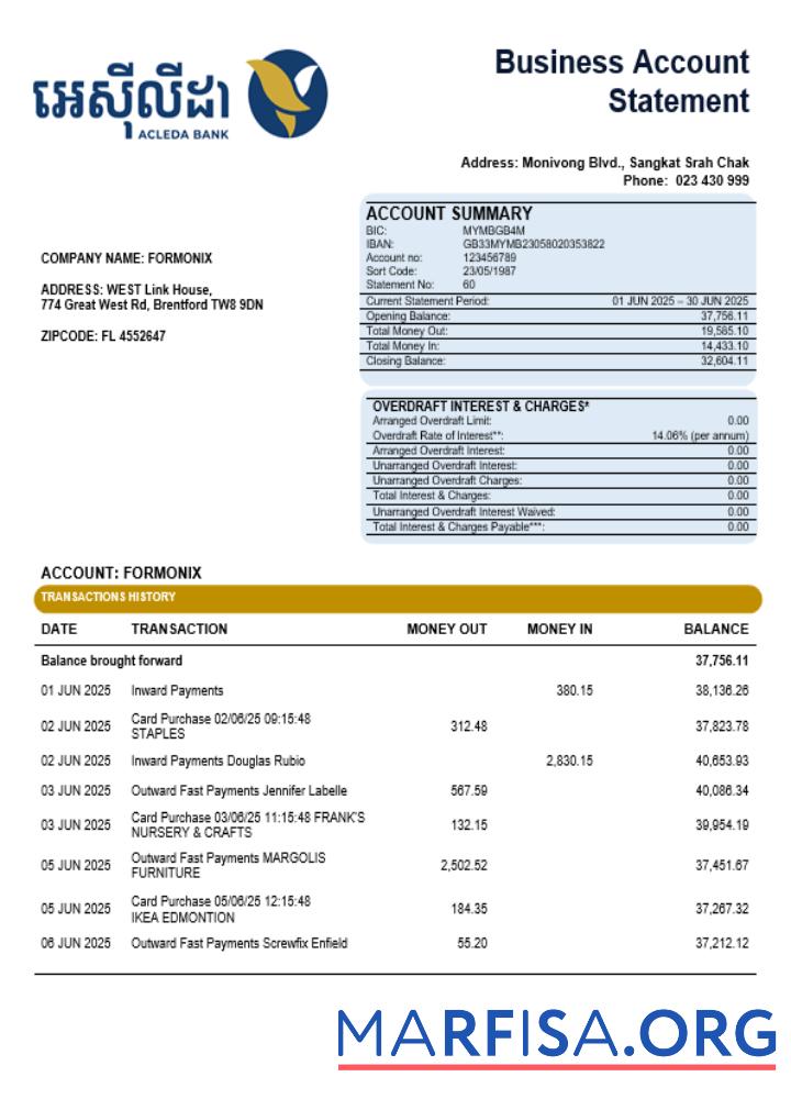 Acleda Unternehmen Kontoauszug Word and PDF Format Vorschau