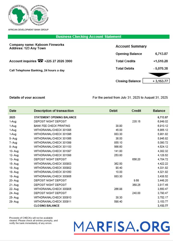 African Development Geschäft Bank Kontoauszug Word and PDF Format Probe