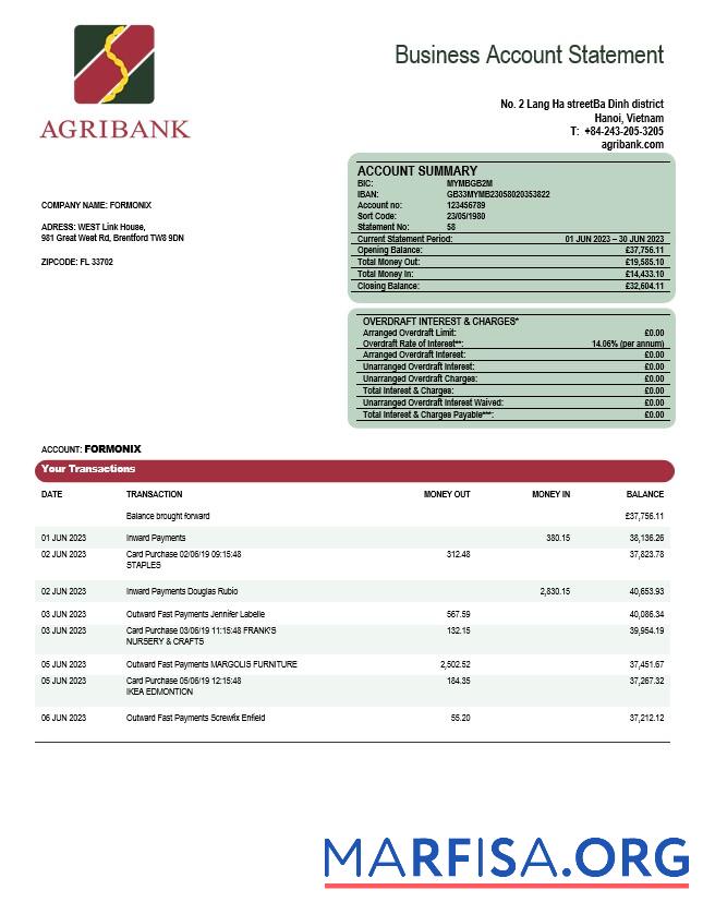 Realistisch Agribank Unternehmen Kontoauszug Word and PDF Vorlage