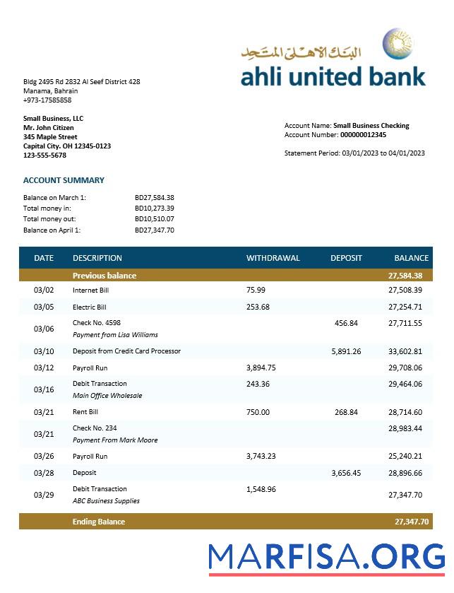 Professionell Ahli United Bank firm Konto Kontoauszug Word and PDF Vorlage
