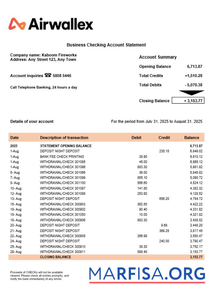 Airwallex Limited organization checking Konto Kontoauszug Word and PDF Format Vorschau