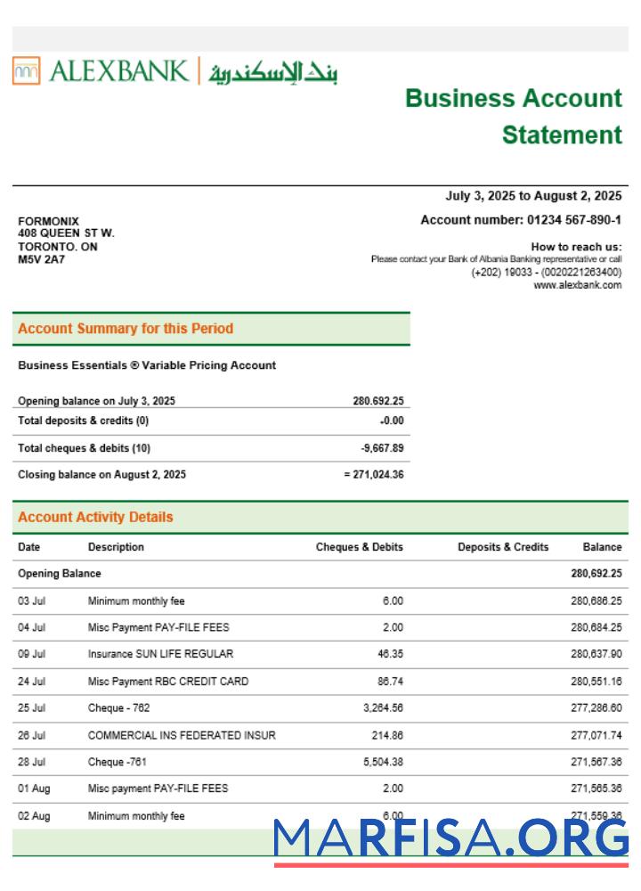 Alex Bank Unternehmen Kontoauszug Word and PDF Format Probe