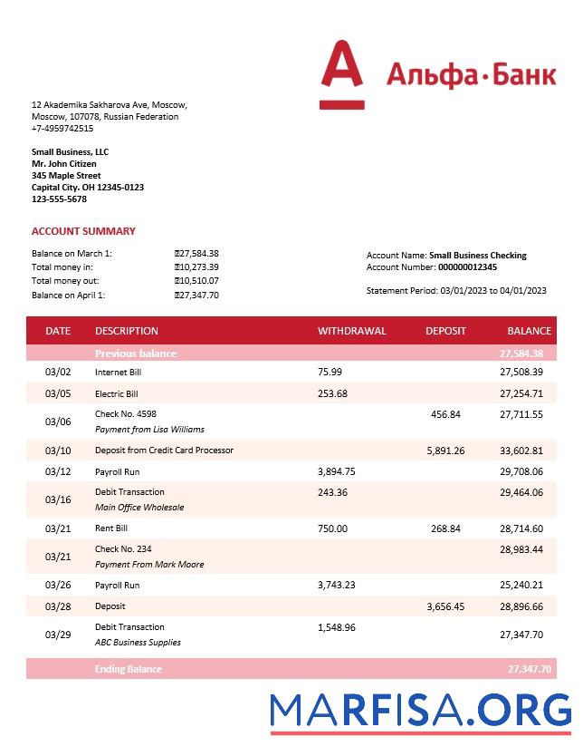 Realistisch Alfa Bank organization checking Konto Kontoauszug Word and PDF Vorlage