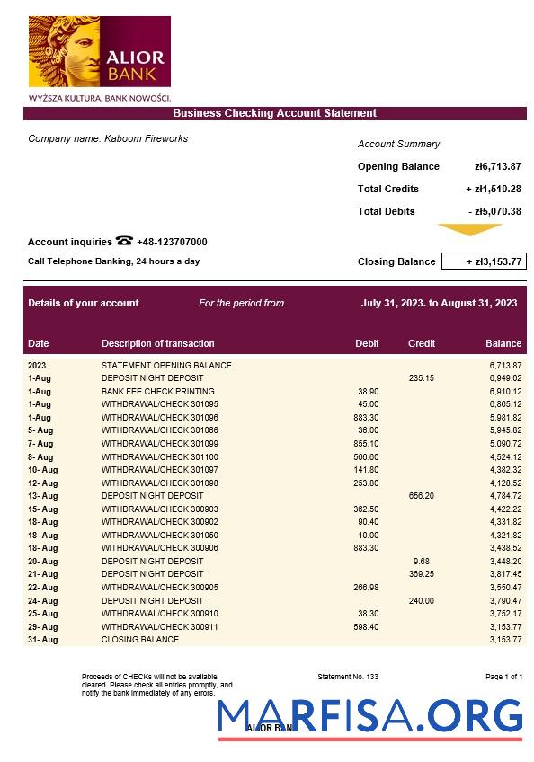Realistisch Alior Bank Unternehmen checking Konto Kontoauszug Word and PDF Vorlage