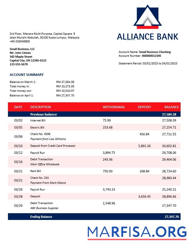 Professionell Alliance Bank enterprise Konto Kontoauszug Word and PDF Vorlage