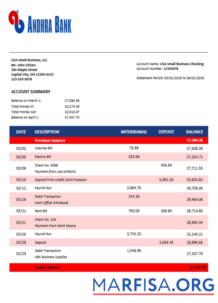 Andhra Geschäft Bank Kontoauszug Word and PDF Format Vorlage