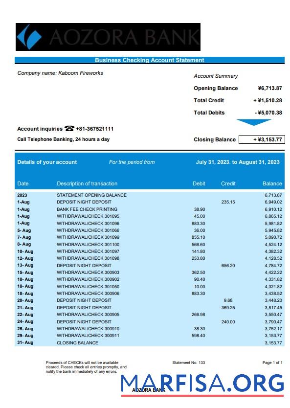 Hohe Qualität Aozora Bank organization checking Konto Kontoauszug Word and PDF Vorlage